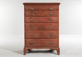 Red-painted Birch and Cherry Tall Chest of Six Drawers