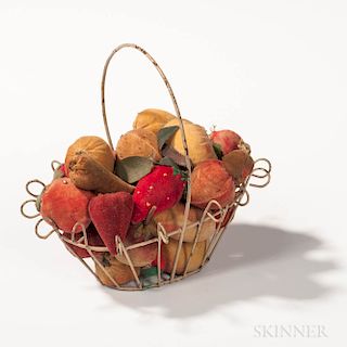 Small White-painted Wirework Basket of Miniature Velvet Fruit