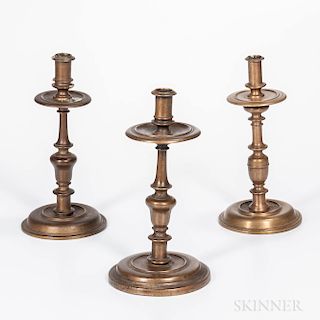 Three Tall Early Brass Candlesticks