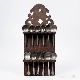 Red/Brown-painted Spoon Rack and Twelve Pewter Spoons