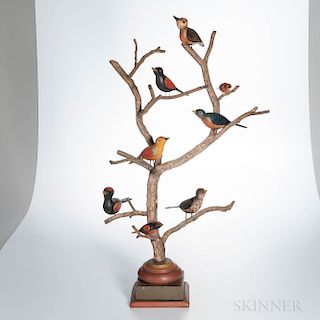 Carved and Painted Folk Art Birds in a Tree