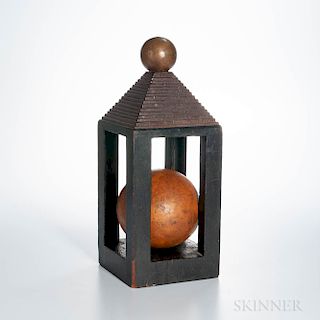 Carved and Painted Pine Sphere in Cage Whimsey