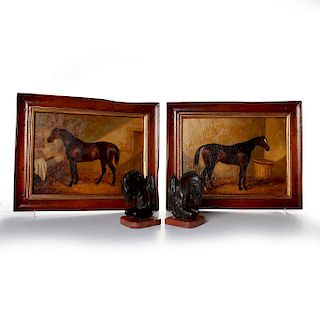 2 OIL ON LINEN PAINTINGS, HORSES; BOOKENDS, HORSE HEADS