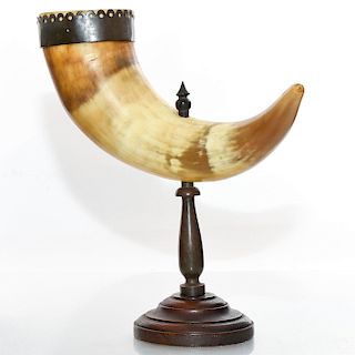 DECORATIVE BULL HORN WITH BRASS BAND ON WOODEN BASE