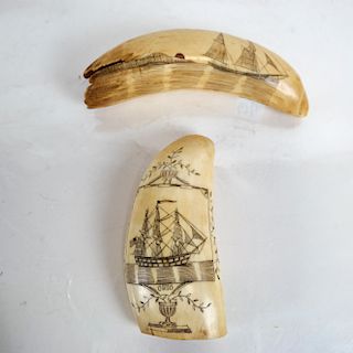 Two Scrimshaw Tooth Carvings, "Ohio" & Schooners