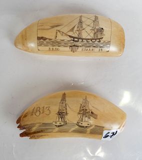 Two Scrimshaw Tooth Carvings - "1813" & "Brig Spar