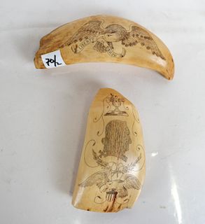 Two Scrimshaw Tooth Carvings - "Liberty or Death"