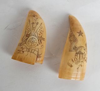 Two Scrimshaw Tooth Carvings, Dated 1812 & 1861