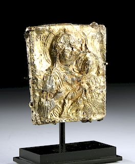 Byzantine Gilded Silver Icon Plaque, Virgin & Child