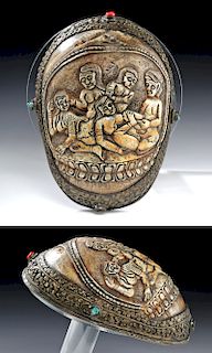 19th C. Tibetan Skull Kapala w/ Bronze & Eroticism