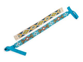 Two Loom Beaded Belts
hide belt length 27 x width 2 3/8 inches; fabric belt bead panel length 30 x width 2 1/4 inches
