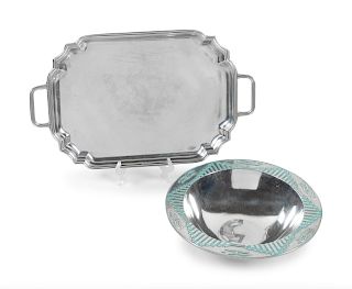 Wilton Armetale Tray and Bowl
bowl height 3 3/4 x diameter 14 5/8 inches; tray 22 1/2 x 13 3/4 inches