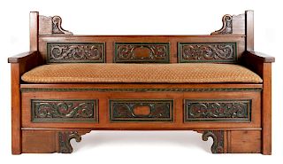 Continental Baroque Style Carved and Paint Decorated Bench 
height 37 x width 73 x depth 22 inches