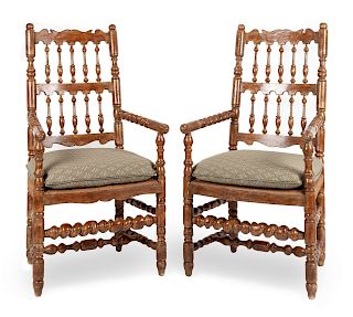 Two Contemporary Charles II Style Stained Hardwood and Rush Seat Spiral Twist Armchairs
height of first 44 inches