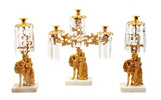 French Three Piece Gilt Metal, Glass and Alabaster Garniture 
largest height 17 x width 15 inches