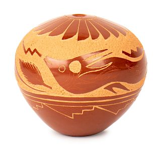 Vangie Tafoya
(Jemez/San Ildefonso, b. 1944)
Red Seed Jar, with shallow carvings resembling birds