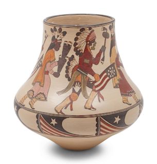 Lois Gutierrez 
(Santa Clara, b. 1948)
Polychrome Jar, depicting the Santa Clara Comanche Dance
