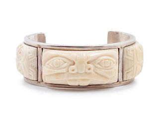 Northwest Coast Sterling Cuff with Carved Inlay
length 5 x opening 1 1/2 x width 1 inches