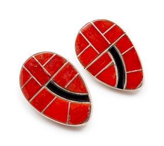 Pair of Silver, Coral and Black Hardstone Earclips