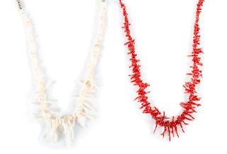 Two Southwestern Branch Coral Necklaces 
white coral length 21 inches, red coral length 20 inches