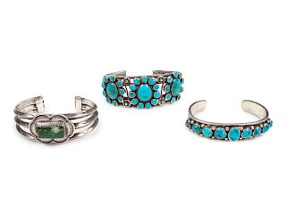 Three Navajo Silver and Turquoise Cuff Bracelets