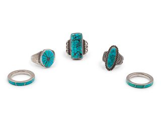 Five Silver and Turquoise Rings