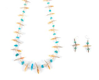Southwestern Carved Shell, Turquoise and Heishi Bead Necklace and Earrings 
necklace length 26 inches; earring length 2 inches