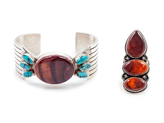 Cheryl Wadsworth 
(Hopi, 20th Century)
Purple Spiny Oyster Shell and Turquoise Cuff and Ring