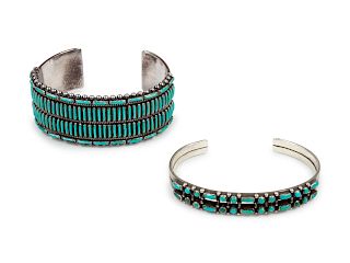 Zuni Silver Cuff Bracelets with Petit Point Turquoise Inlay
largest width 5 1/2 x opening 1 1/4 x width 1 inches