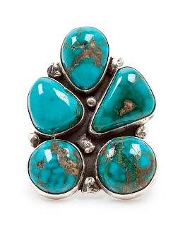 Navajo Silver Ring with Five Turquoise Stones
length 2 x width 1 1/2 inches