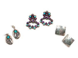 Three Pairs of Navajo and Southwestern Earrings
largest length 1 3/4 x width 2 1/2 inches