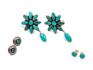 Federico Jimenez
(Mixtec, b. 1941)
Silver and Turquoise Ear Clips, together with two additional pairs of earrings