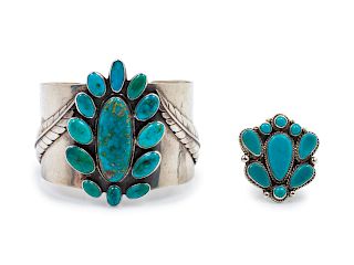 Large Silver and Turquoise Cuff with applied leaves, together with turquoise ring
bracelet length 6 1/4 x opening 1 1/4 x height 2 1/2 inches