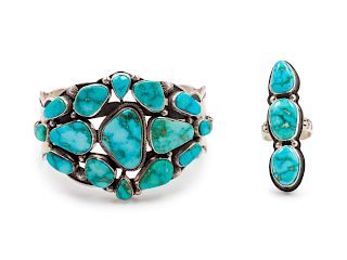Aaron Toadlena 
(Dine, 20th Century)
Silver and Turquoise Cuff Bracelet, together with a silver and turquoise ring