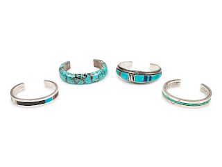 Group of Four Native American Sterling Silver and Stone Inlay Bracelets