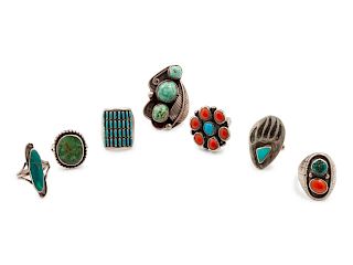 Seven Southwestern Silver and Turquoise Rings