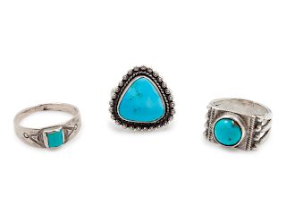 Three Navajo Silver and Turquoise Rings