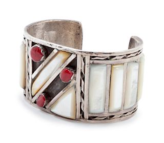 Zuni Shell and Coral Cuff
length 5 1/2 x opening 1 1/4 x width 1 1/2 inches