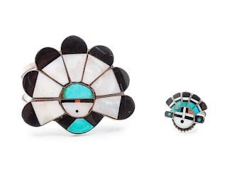 Zuni Sunface Cuff and Ring
bracelet length 5 3/4 x opening 1 1/4 x width 2 1/4 inches