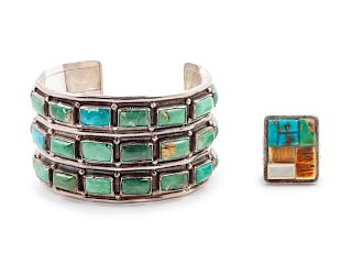 Cordell Pajarito
(Santa Domingo, b. 1988)
Multi Stone Ring, together with Turquoise and Silver Cuff Bracelet