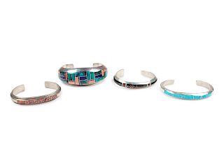 Four Native American Sterling Silver Bracelets with Flush Inlay