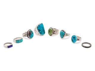 Eight Southwestern Sterling Silver Rings with Stones