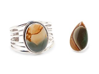 Picture Jasper Cuff Bracelet and Ring
bracelet length 5 1/2 x opening 2 1/4 x width 2 7/8 inches, ring length 1 7/8 x width 1 inches