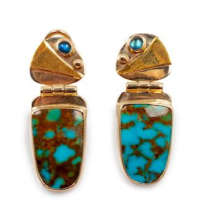 14k Gold Earclips with Turquoise and Sapphire
length 1 1/2 x 1/2 inch