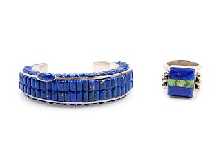 Uniquely Styled Lapis Cuff with Lapis and Turquoise Ring
bracelet length 5 x opening 2 3/ 8 x width 3/4 inches