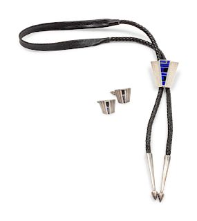 Ray Tracey 
(Navajo, 20th Century)
Silver, Lapis, and Onyx Bolo and Cufflinks