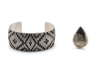 R.H. Begay 
(Dine, 20th Century)
Rug Pattern Cuff and Stone Ring