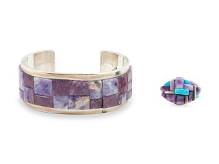 Tommy Jackson
(Dine, b. 1958)
Lepidolite, Rhodochrosite and Silver Cuff Bracelet, together with Turquoise and Charoite ring