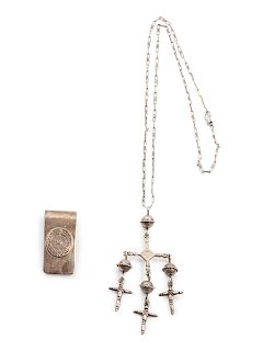 Mexican Silver Necklace and Money Clip
necklace length 26 inches; pendant 4 inches; money clip length 2 inches