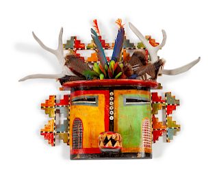 Painted Kachina Head Sculpture with Antlers and Feathers
